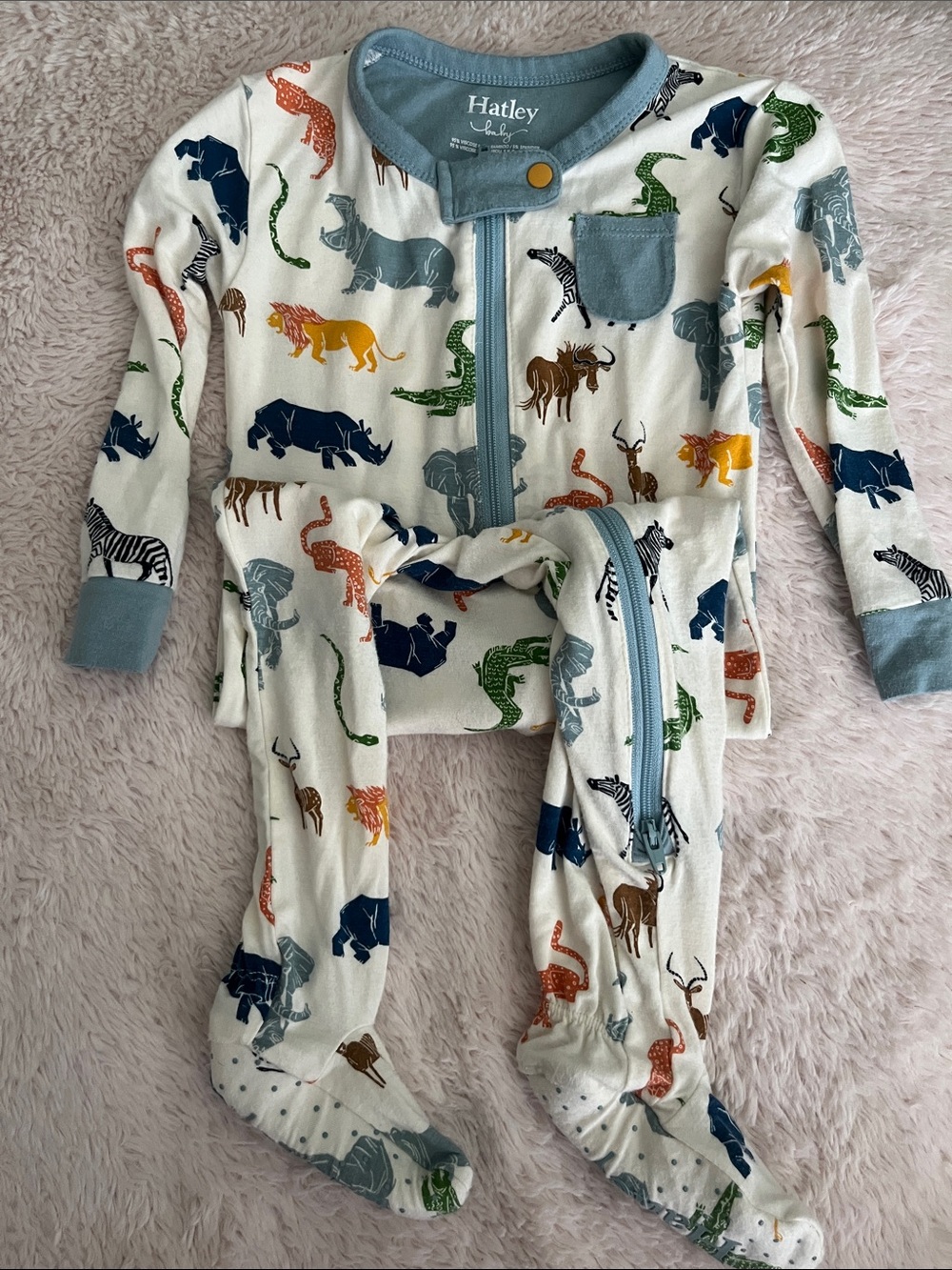 Hatley White Footed Pajama Set with Blue Trim and Multi-Color Safari Animals